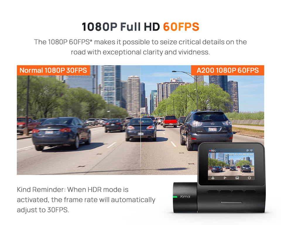 Global 70mai Dash Cam A200 Dual-channel Record 1080P HDR 2'' IPS Screen 24H Parking Monitor 70mai Car DVR A200 WIFI APP 130° FOV