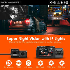 Vantrue N4 3 Channel 4K Dash Cam for Cars, Three Way Triple Car Camera, IR Night Vision, 24h Parking Mode, Support 256GB Max