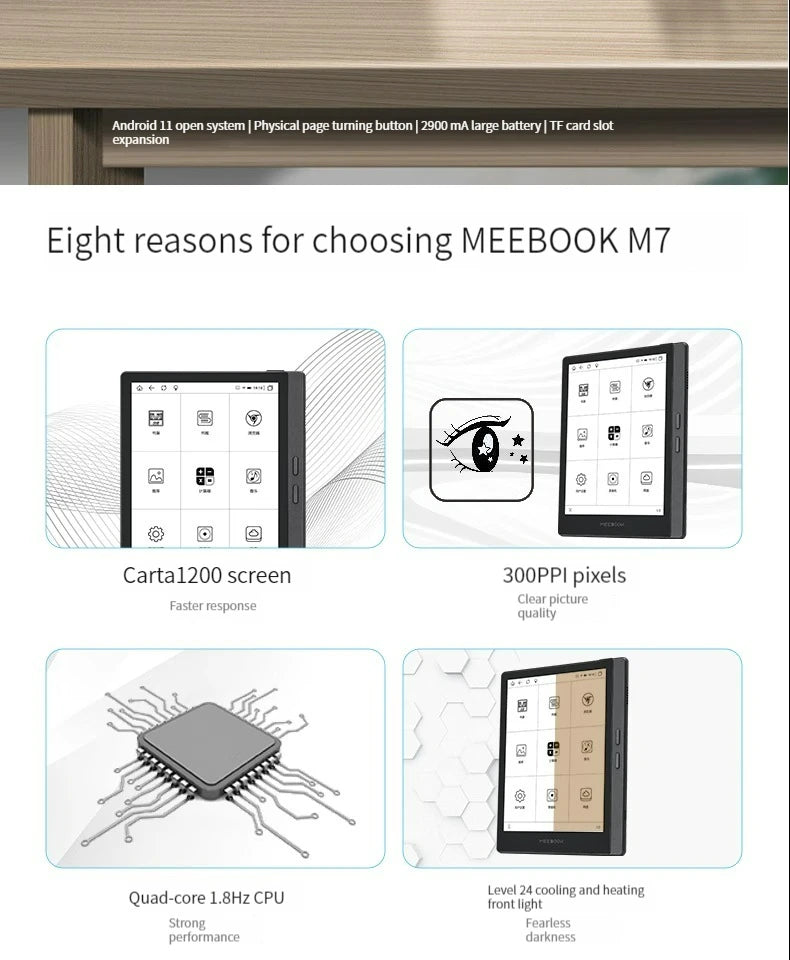 كتاب ورقي إلكتروني جديد 2024 MEEBOOK M7 بشاشة 6.8 بوصة قارئ إلكتروني 300 نقطة في البوصة شاشة حبر عالية الوضوح مفتوحة نظام أندرويد ذاكرة 32 جيجا