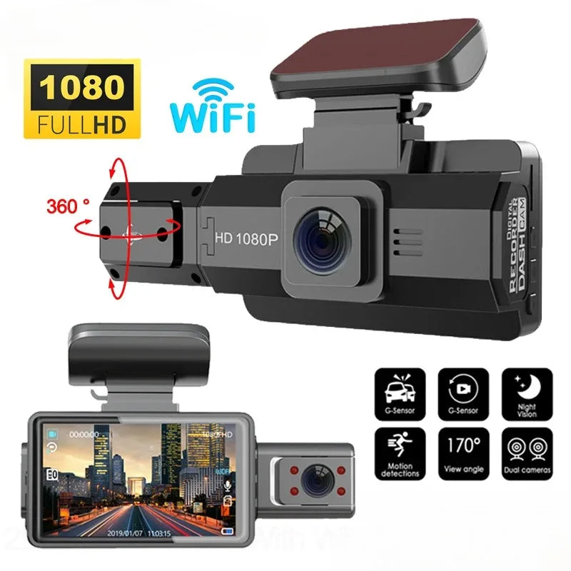 Dash Cam 3-inch Screen With 170 Wide Angle 1080P Dual Lens In Front Of And Inside The Car Cycle Recording