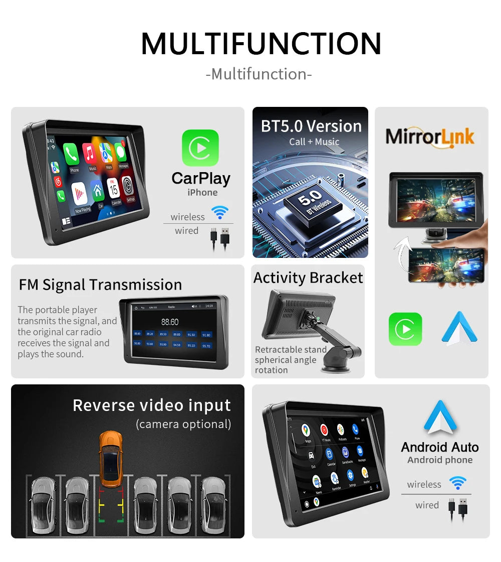 Automotive Car Radio Bluetooth Carplay Android Auto Wireless FM Touch Screen 7inch Multimedia Video Player 4.3inch Display