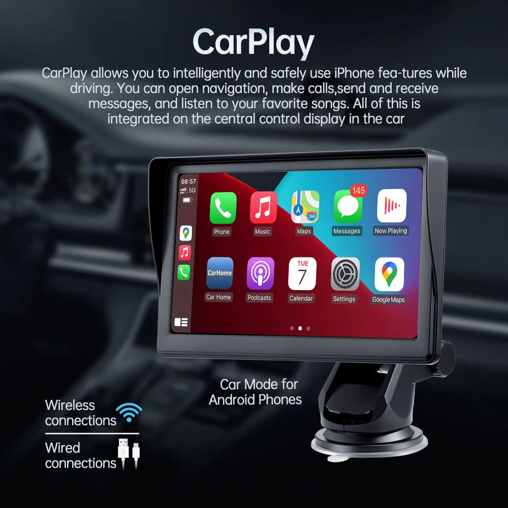 مشغل فيديو عالمي لراديو السيارة مقاس 7 بوصات لاسلكي لأجهزة Apple CarPlay وشاشة لمس للسيارة تعمل بنظام أندرويد مناسبة AUX لسيارات BMW Volkswagen KIA