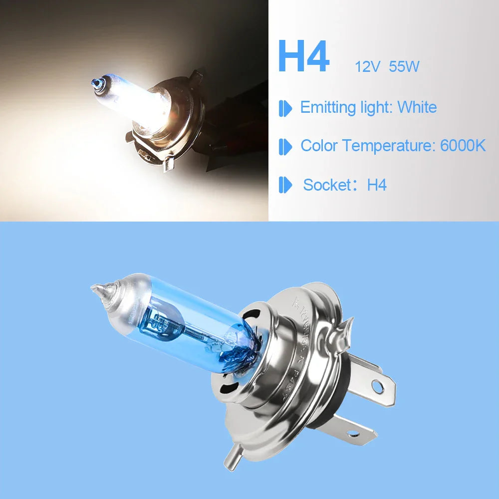 Car Accessories H4 60/55W Car Halogen Bulb 12V Halogen Light High Low Beam P43T 9003 Super Xenon White 6000K Headlight Lamp